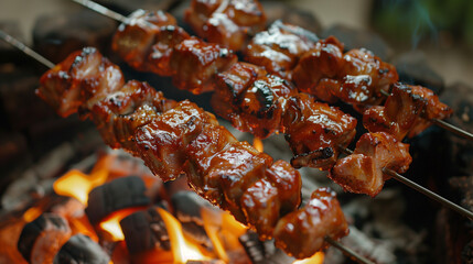 Barbecue Meat Skewers on Grill Over Open Flame