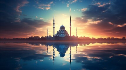 Obraz premium Ramadan Kareem religious background with mosque silhouettes reflected in serene sea, copy space, generative ai