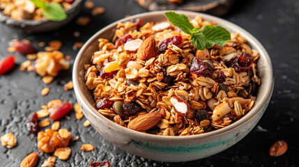 Bowl of Granola with Nuts and Dried Fruits on Dark Background