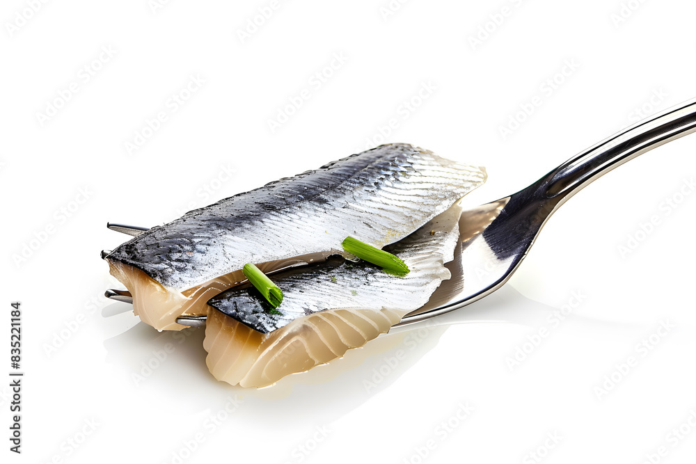 Wall mural piece of salted herring on fork isolated on white background