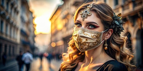Elegant woman in a mask in a candid low angle wide shot, elegant, masked, woman, candid, low angle, wide shot, mystery, stylish, fashion, beauty, glamorous, unknown, secret, anonymous