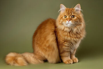 Fototapeta premium Studio photo of a cute ginger cat isolated against a background of pastel shades, creating a soft and appealing visual.