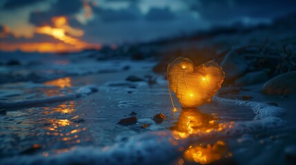 Glowing heart-shaped light on a beach during sunset, creating a romantic and serene atmosphere amidst the waves.