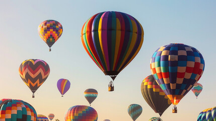 Obraz premium A colorful hot air balloon festival, with numerous balloons in various bright patterns against a clear sky.