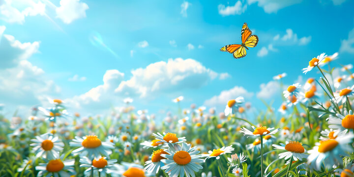 Imagen horizontal de un campo de manzanilla o Chamaemelum nobile completamente soleado con mariposas al fondo en el cielo azul