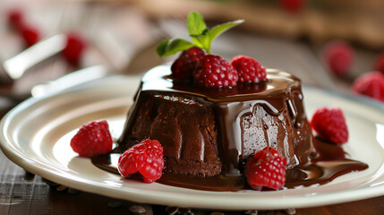 Chocolate Lava Cake with Fresh Raspberries on White Plate