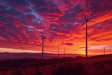 Silhouetted wind turbines against a fiery sunset background