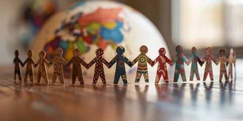 Multicultural Paper Doll Chain on Wooden Table Against Blurred Colorful Globe Background Symbolizing Global Unity and Diversity