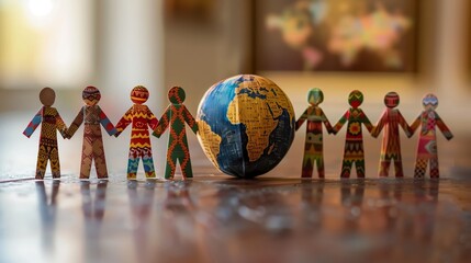 Diverse Paper Cutout Figures Holding Hands Around Globe Symbolizing Global Unity and Multicultural Harmony on Wooden Table with Blurry World Map Background