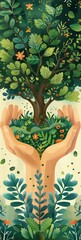 Hand-Drawn Tree And Hands With Greenery And Flowers In Flourishing Forest, Symbolizing Growth And Nature, Ideal For Eco-Friendly Designs, Environmental Awareness, And Earth Day Projects