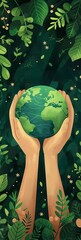 Hands Holding Earth with Lush Green Leaves and Forest Background, Symbolizing Environmental Conservation and Nature Protection, Earth Day Promotions, Eco-Friendly Campaigns, Environmental Themes