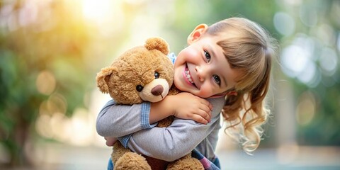 Little happy child girl hugging a teddy bear plush toy in a casual outfit, child, kid, girl, happy, hug, teddy bear, plush toy, casual clothes, fun, playful, cheerful, six years old