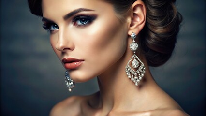 Model wearing elegant diamond earrings , luxury, jewelry, fashion, accessory, glamour, expensive, style, elegant, sparkly, stunning, beauty, elegant, shiny, precious, bling, classy