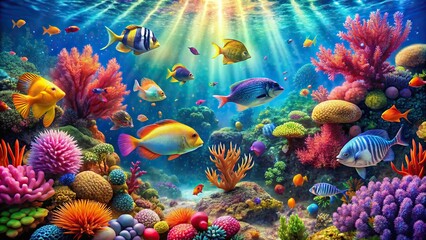 Vibrant magical underwater scene with colorful sea life , coral reef, tropical fish, magical, ocean, marine life, underwater, vibrant, exotic, tranquil, breathtaking, sea creatures, aquatic