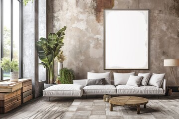 Stylish Living Room with Blank Poster Frame, Modern Furniture, and Indoor Plants