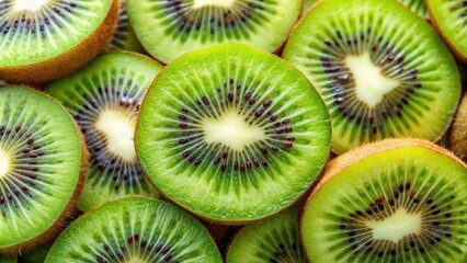 Close-up of sliced ripe kiwi fruit on a background, kiwi, fruit, slice, ripe, green, juicy, organic, tropical, fresh, healthy, colorful, vibrant, food, snack, background, close-up, macro