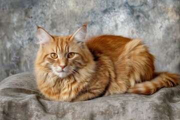 Studio photo of a cute ginger cat isolated against a background of pastel shades, creating a soft and appealing visual.
