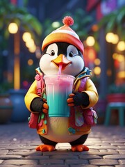 3D cartoon penguin mascot drinking refreshing cocktail