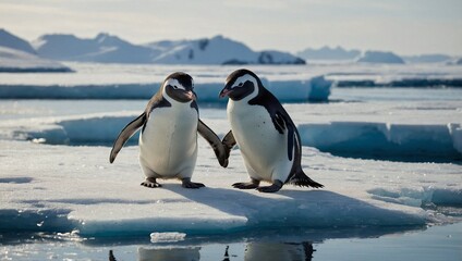 Fototapeta premium Pair of penguins standing on a snowy terrain studded with small ice pebbles