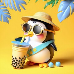 3D cartoon penguin mascot wearing sunglasses and fashionable summer apparel drinking bubble tea with tapioca