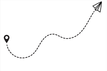 Paper plane with dotted line travel and route symbol in line style