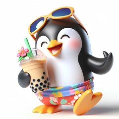 3D cartoon penguin mascot wearing sunglasses and fashionable summer apparel drinking bubble tea with tapioca