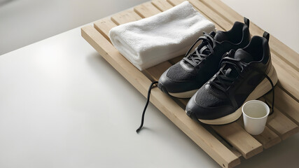 Workout Essentials. Sneakers, Towel, and a Glass of Water.