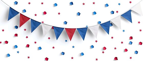 Obraz premium Festive red, white, and blue triangle bunting and confetti isolated on white background. Perfect for celebrations and patriotic events.