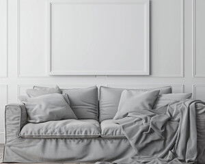 A cozy living room featuring a soft stone grey sofa and a blank white frame on the wall, inviting relaxation.