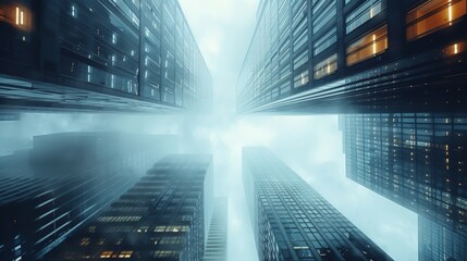 A low angle shot of towering skyscrapers reaching towards a cloudy sky in a city. The buildings are dark and imposing.  The image conveys a sense of scale and urban density.