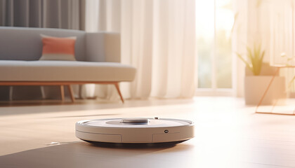 A living room with a white couch and a white robot vacuum