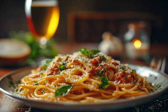 Delicious homemade spaghetti in a cozy setting. Generative AI image