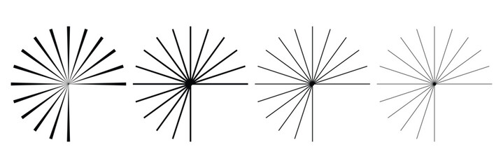 Set of speed lines in circle form. Abstract geometric circles with rotating radial lines. Design element for logo, prints, template or posters. Vector illustration. Radial circle lines.