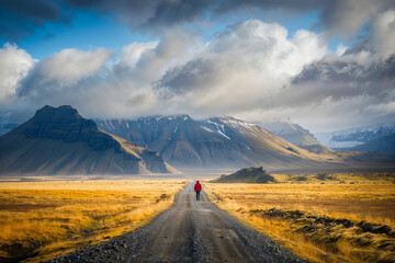 Anonymous explorer on a scenic mountain road. Generative AI image