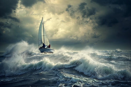 Anonymous sailors navigating stormy seas. Generative AI image