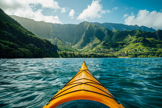 Kayak adventure through majestic mountain landscape. Generative AI image