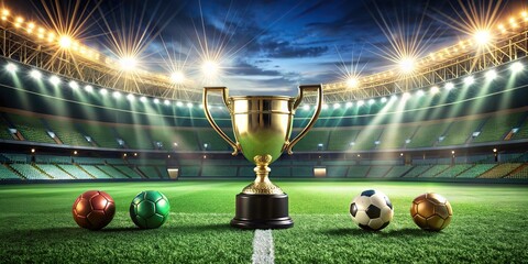 Green soccer field illuminated by spotlights with the background of trophy and medals, soccer, field, green, spotlight, glow, winners, championship, trophy, medals, victory, sports