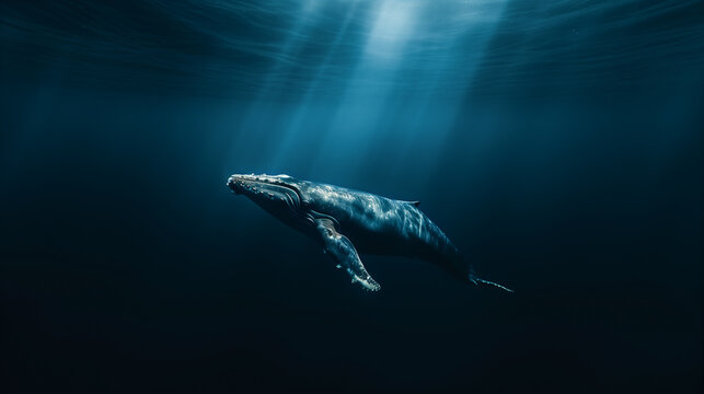Humpback whale gliding gracefully in deep ocean waters. Generative AI image