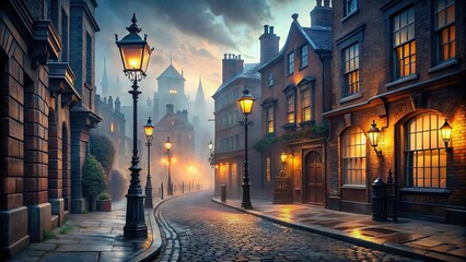 Victorian London scene with gas-lights, fog and cobble-stone streets , atmospheric, historical, vintage, architecture, eerie, darkness, urban, nostalgic, evening, mysterious, cityscape