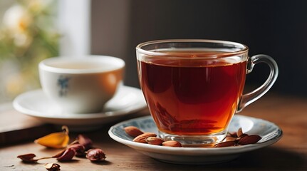 rooibos and a cup of tea, aesthetically pleasing, natural light, cherry and almonds in the background