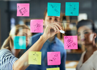 Business, hand or brainstorming with sticky notes on glass for planning sales project, strategy...