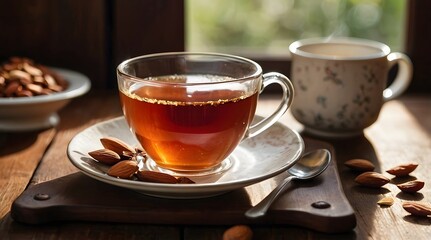 rooibos and a cup of tea, aesthetically pleasing, natural light, cherry and almonds in the background