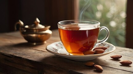 rooibos and a cup of tea, aesthetically pleasing, natural light, cherry and almonds in the background