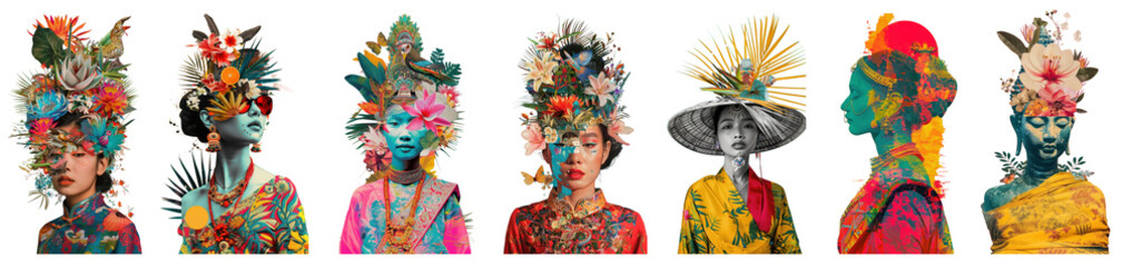 Symbolic mixed collage Thai traditional graphic element png cut out element set