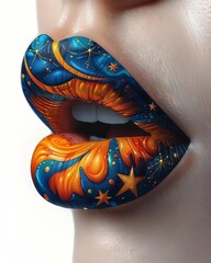 Naklejka premium Close-up of lips with intricate cosmic makeup featuring vibrant blue and orange hues, adorned with stars and celestial patterns.