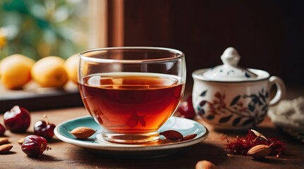 rooibos and a cup of tea, aesthetically pleasing, natural light, cherry and almonds in the background