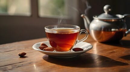 rooibos and a cup of tea, aesthetically pleasing, natural light, cherry and almonds in the background