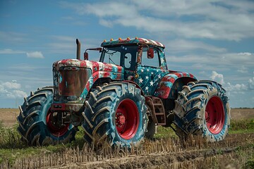 Fototapeta premium Tractor with a 4th of July theme, decorated with stars and stripes in red, white, and blue, isolated against a clear sky background with copy space