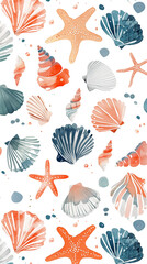 Pattern with colorful starfish, seashells, coral and seaweed on white background
