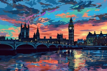 Fototapeta premium Artistic illustration of London, England at dusk with Big Ben Tower and glowing city lights
